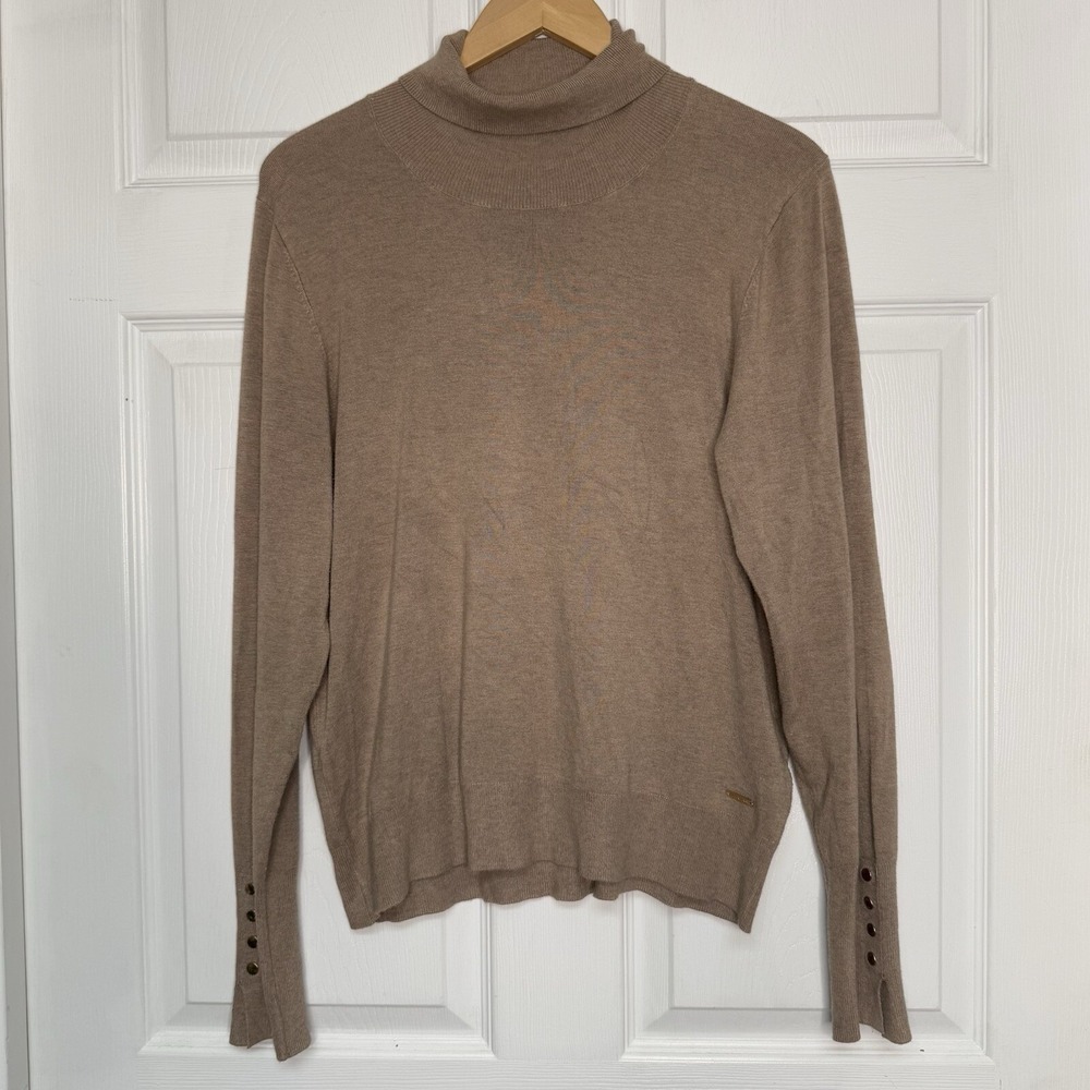 Tahari Sweater Women XL Tan/Brown Turtleneck Lightweight Gold Button Minimalist